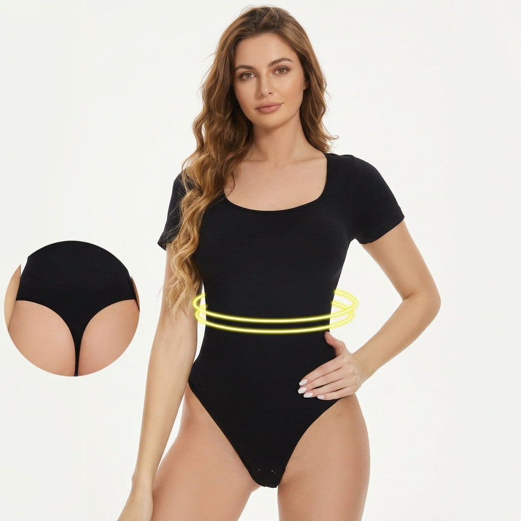 Short Sleeve Square Neck Thong Bodysuit, front view with thong back detail