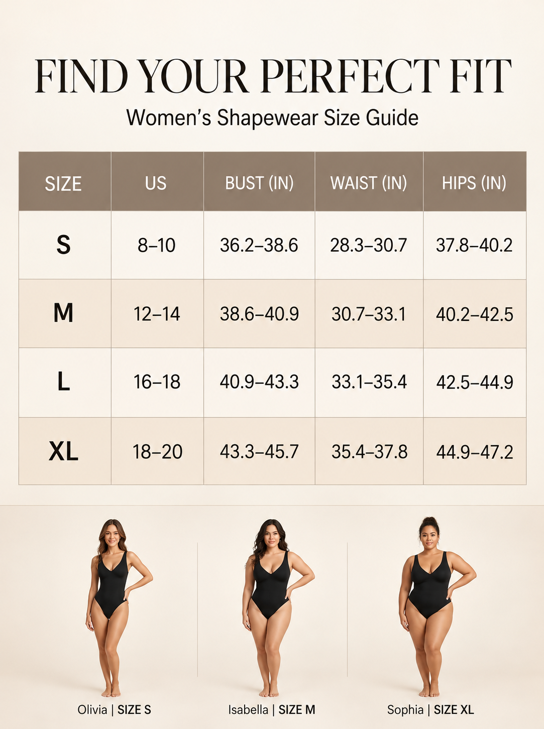 Size chart – V-Neck Shaping Bodysuit