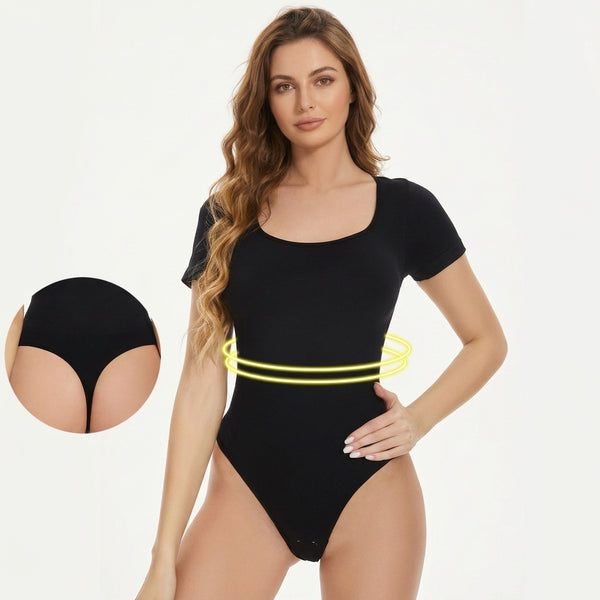 Short Sleeve Square Neck Thong Bodysuit, front view with thong back detail