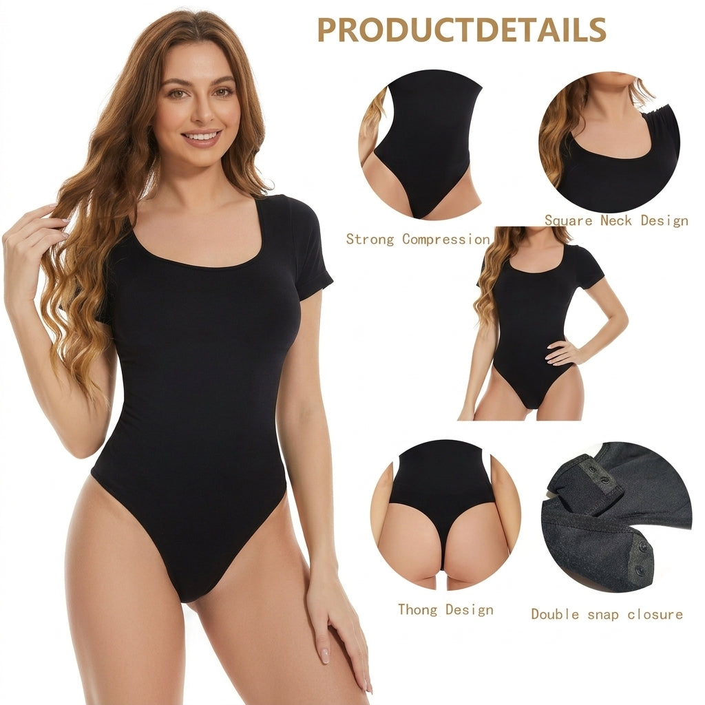 Short Sleeve Square Neck Thong Bodysuit, product details