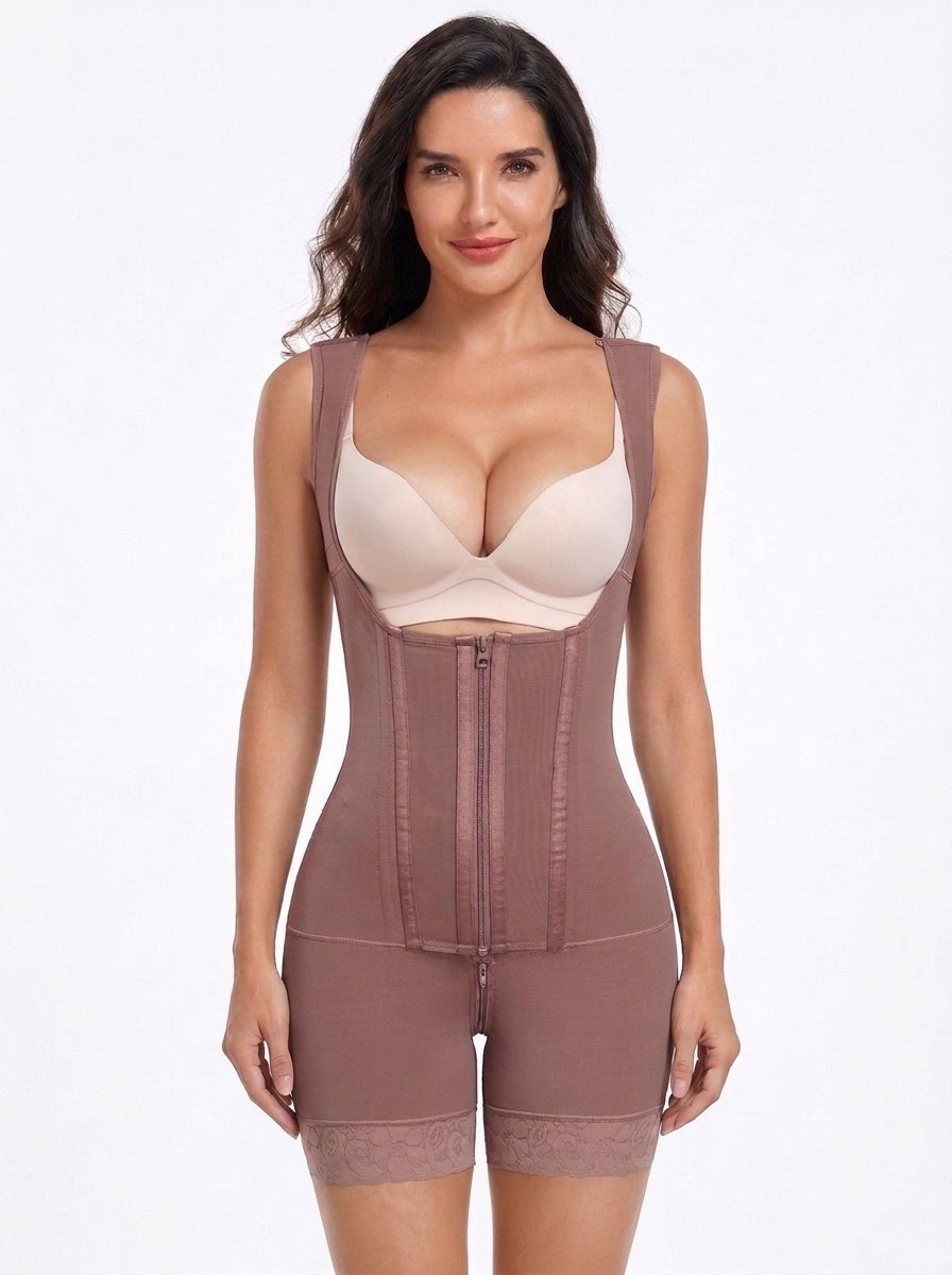 Brown – Open Bust Zip Front Butt Lifting Body Shaper